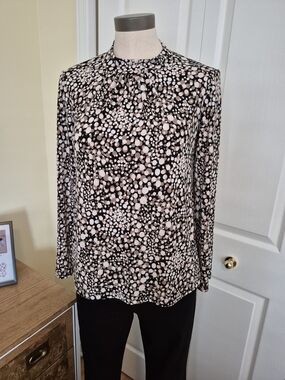 Women’s Black and Blush Dot Print Long-Sleeve Blouse